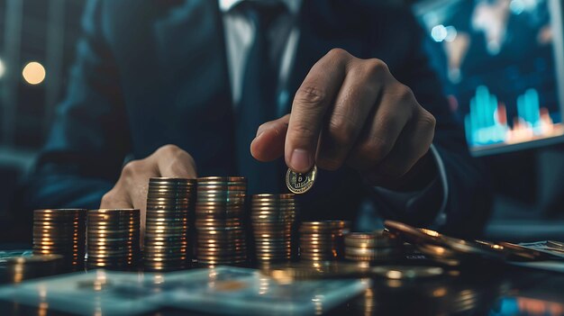 Un hombre de negocios con un traje oscuro está apilando monedas de oro en una mesa.