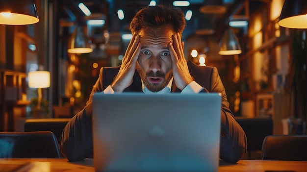 Un hombre de negocios en un traje se sienta en una computadora portátil con un gesto de boca abierta
