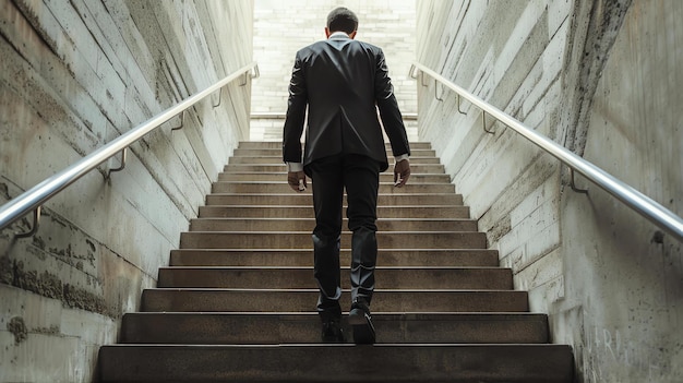 Un hombre de negocios en traje subiendo escaleras de hormigón hacia el éxito.