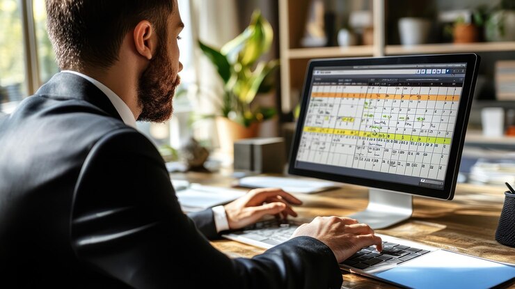 Foto un hombre de negocios en un traje trabajando en una computadora mirando un calendario en la pantalla