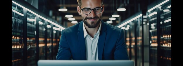 Hombre de negocios en traje trabajando en una computadora portátil