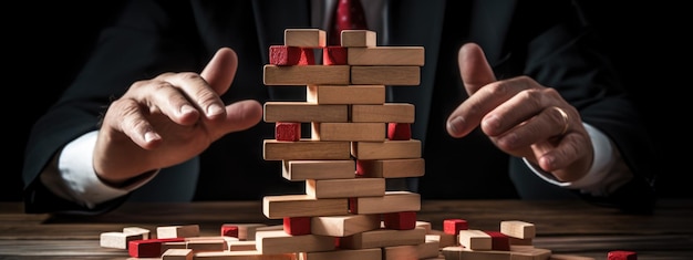 Un hombre de negocios en traje trata de construir y sostener una torre de madera creada con tecnología de IA generativa