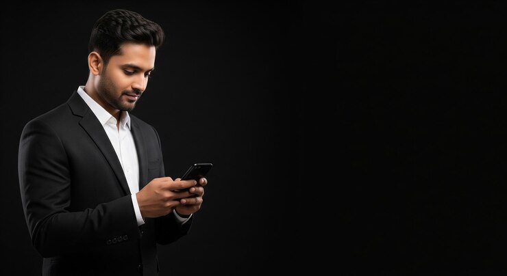 Hombre de negocios en traje usando un teléfono inteligente