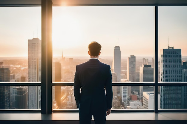 Un hombre de negocios con traje se para en las ventanas panorámicas y mira la ciudad desde los rascacielos