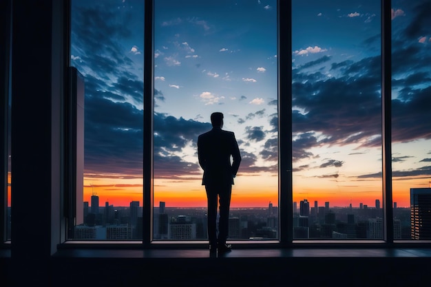 Un hombre de negocios con traje se para en las ventanas panorámicas y mira la ciudad desde los rascacielos