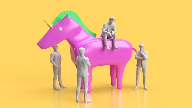 El hombre de negocios y el unicornio sobre fondo amarillo para el concepto de inicio 3d renderizado