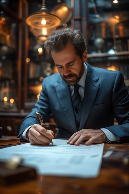 Foto un hombre de negocios usa una elegante pluma para firmar un contrato en una elegante oficina moderna