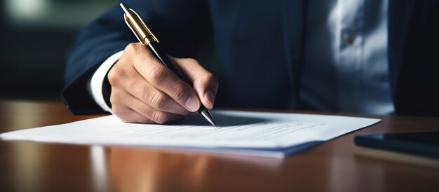 Un hombre de negocios usa una pluma para firmar un contrato en la mesa de la oficina.