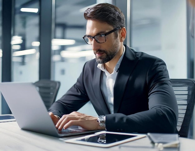 Un hombre de negocios usando una computadora para acceder a informes financieros análisis del mercado de valores un gráfico que muestra