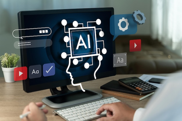 hombre de negocios usando computadora generar ai chat ai análisis de datos datos red en línea inteligencia artificial