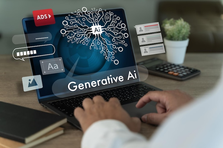 Foto hombre de negocios usando computadora generar ai chat ai análisis de datos datos red en línea inteligencia artificial
