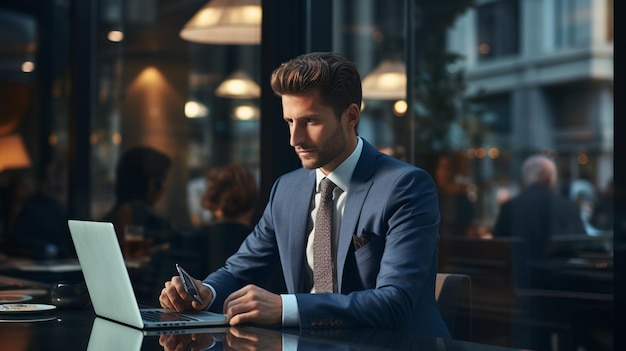 Hombre de negocios usando computadora portátil en la oficina Feliz hombre de mediana edad empresario propietario de una pequeña empresa trabajando en línea Foto de alta calidad