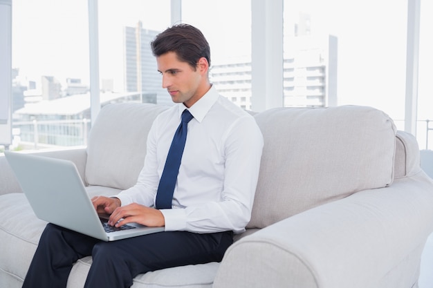 Hombre de negocios usando la computadora portátil en un sofá