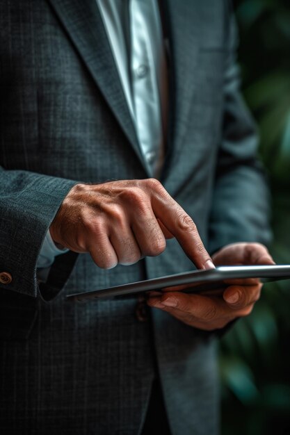 Hombre de negocios usando una tableta digital Primer plano de manos masculinas sosteniendo una tableta virtual
