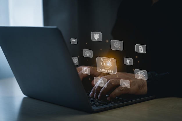 Hombre de negocios utiliza una computadora portátil con chatbot digital iconos de chat aplicación de robot asistente de conversación concepto de inteligencia artificial chatbot digital pantalla virtual IA automática