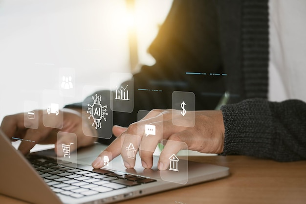 un hombre de negocios utiliza el intercambio y análisis de datos de clientes en línea con un chat bot Inteligencia artificial y tecnología de software CRM un centro de servicio al cliente