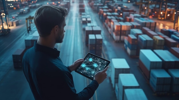 Un hombre de negocios utiliza una tableta con una superposición de red digital que supervisa un vasto puerto de contenedores T