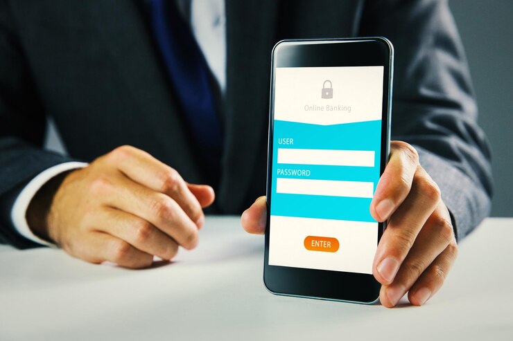 Foto hombre de negocios, utilizar, smartphone, contra, banca en línea