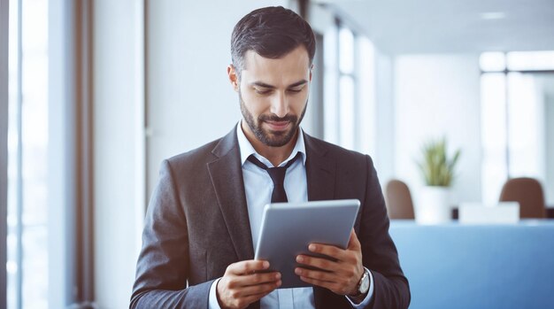 Hombre de negocios, utilizar, tableta, en la oficina