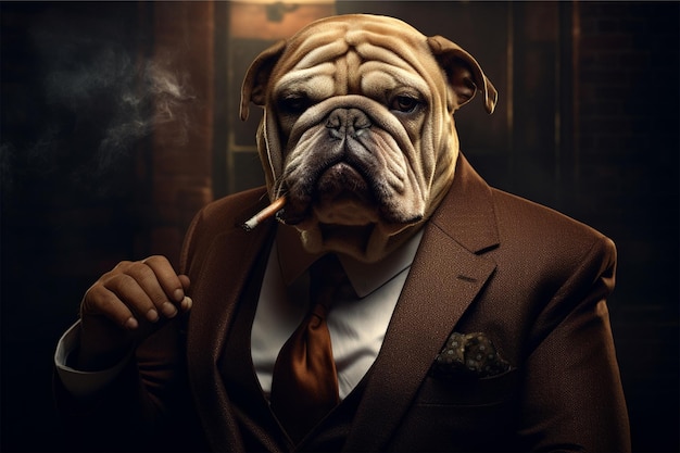 Un hombre de negocios vestido de bulldog.