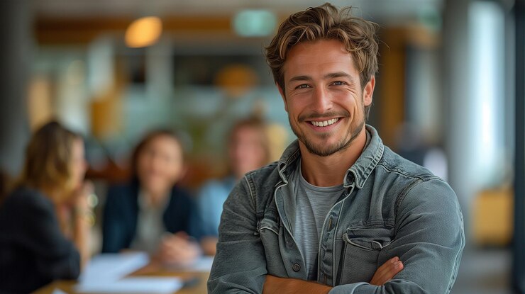 Un hombre de negocios vestido casualmente con una camisa blanca con los brazos cruzados mirando hacia adelante sonriendo