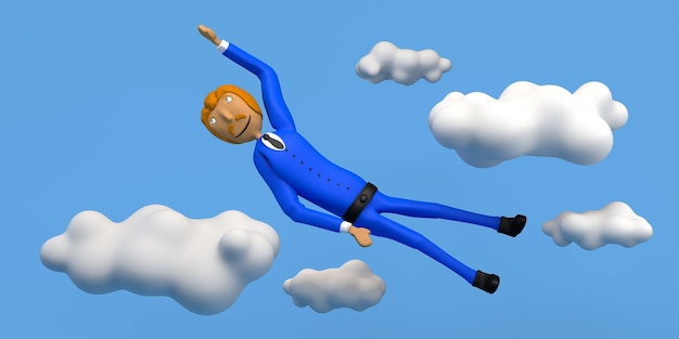 hombre de negocios, vuelo, por, nubes, copia, espacio, 3d, ilustración, caricatura