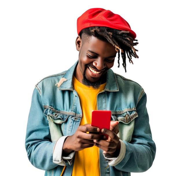Hombre negro alegre con un atuendo de moda con gorra llevada hacia atrás sonriendo y jugando con el teléfono inteligente mientras mira la tarjeta roja