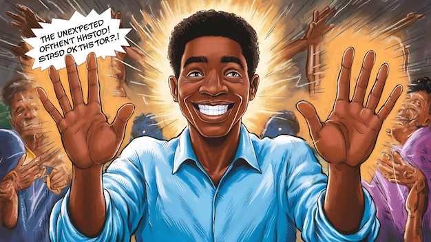 Un hombre negro alegre extiende las palmas tiene una expresión alegre dientes blancos hace una decisión inesperada