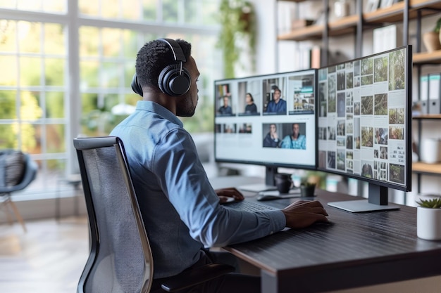 Hombre negro con auriculares trabajando en una computadora con dos monitores en una oficina en casa