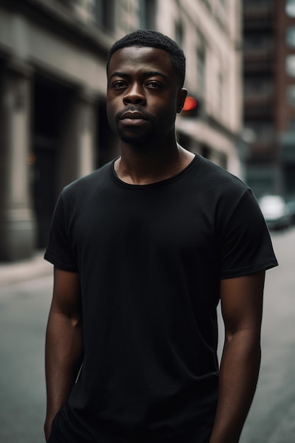 Hombre negro con camiseta negra vacía ai generativo.