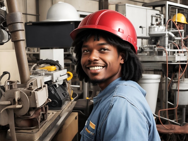 Un hombre negro con un casco rojo sonriendo en su lugar de trabajo