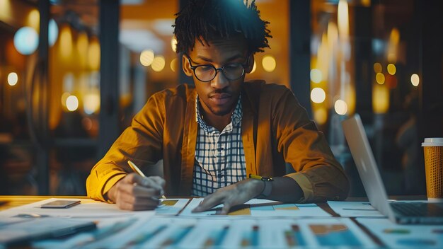 Foto hombre negro concentrado en el trabajo hombre joven africano concentrado con información de documentos