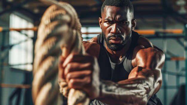 hombre negro de deportes haciendo cuerdas de batalla en el gimnasio