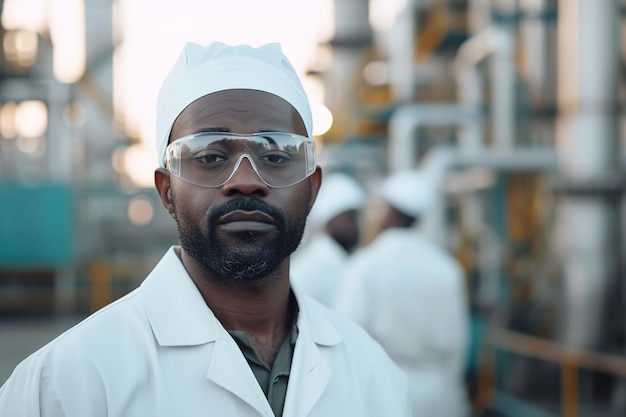 Hombre negro ecologista con gafas de seguridad contra el telón de fondo de la fábrica