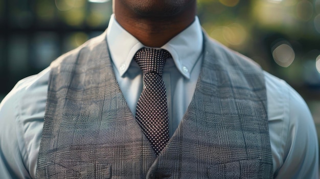 Un hombre negro elegante en un clásico traje de tres piezas capturado en un primer plano que muestra el suave