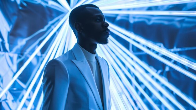 Un hombre negro se encuentra con confianza frente a un telón de fondo de luces azules eléctricas con un estructurado