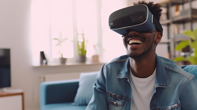 Hombre negro estadounidense relajándose en su sofá en casa mientras usa un auricular de realidad virtual contra un fondo nebuloso IA generativa