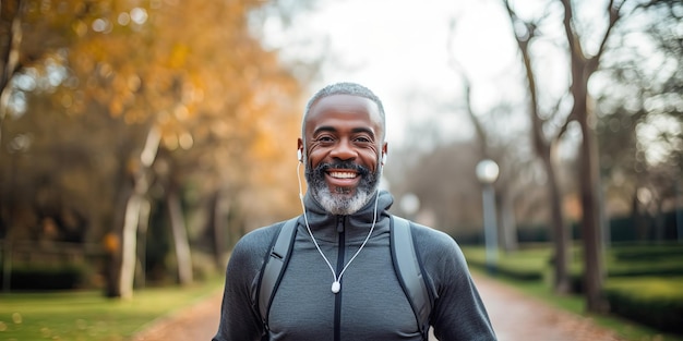 Hombre negro feliz corriendo en el parque con una sonrisa de música en la cara