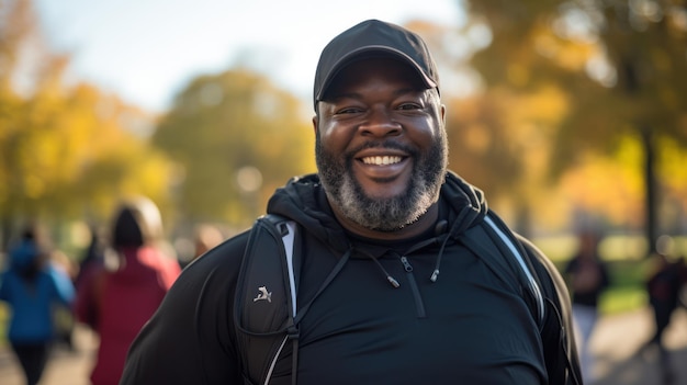 Un hombre negro gordito haciendo ejercicio y un corredor saludable caminando en un parque de la ciudad