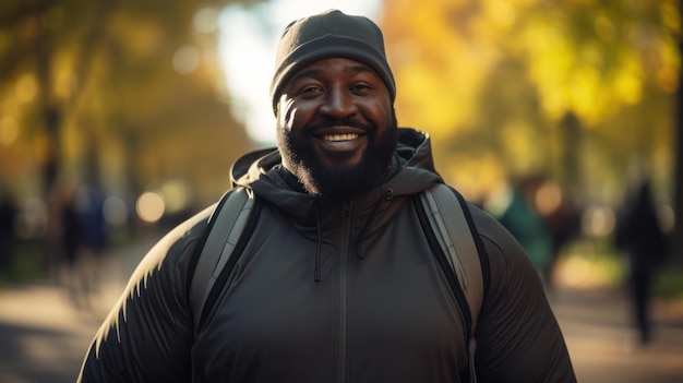 Un hombre negro gordito haciendo ejercicio y un corredor saludable caminando en un parque de la ciudad