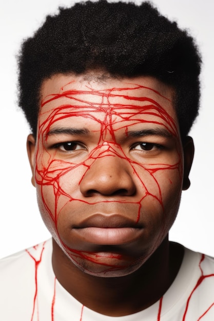 Hombre negro con líneas rojas y destrucción en la cara aislado en blanco creado con IA generativa