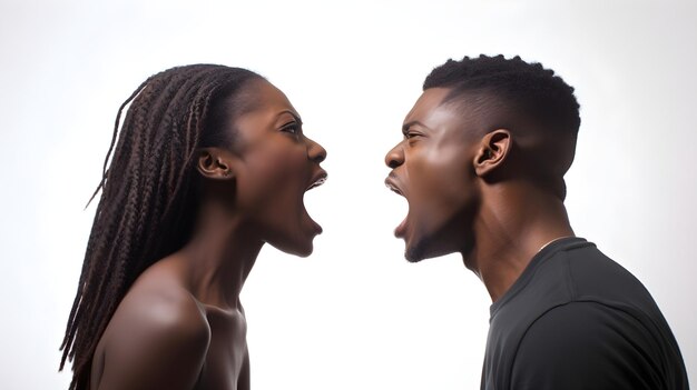 un hombre negro y una mujer negra gritando en voz alta el uno al otro contra un fondo blanco