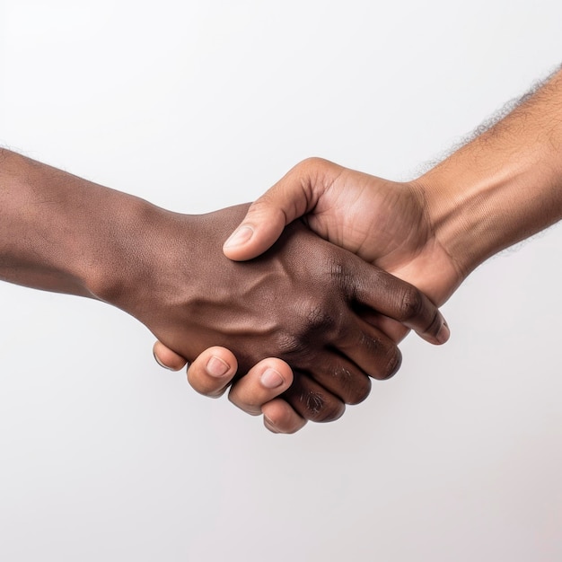 Un hombre negro y una persona blanca dándose la mano con un fondo blanco.