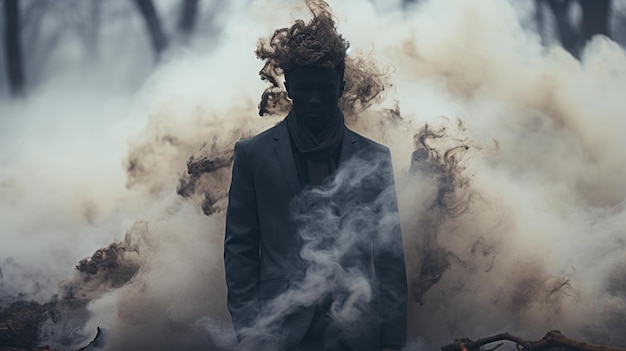 Un hombre negro de pie frente a una nube de humo