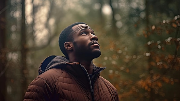 Un hombre negro respira aire fresco en el bosque. Los negros. IA generativa.