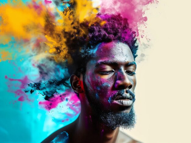 Hombre negro rodeado de colores de polvo abstractos