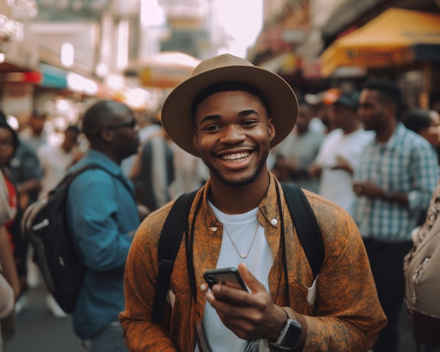 Un hombre negro con sombrero sonríe mientras sostiene un teléfono en una calle concurrida