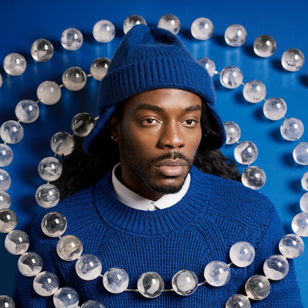 hombre negro con un sombrero y suéter de punto azul