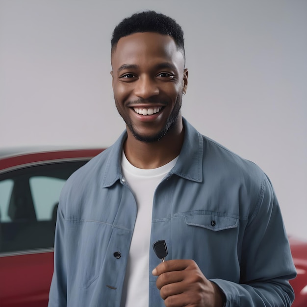 Hombre negro sonriente de pie con la llave del coche en la mano