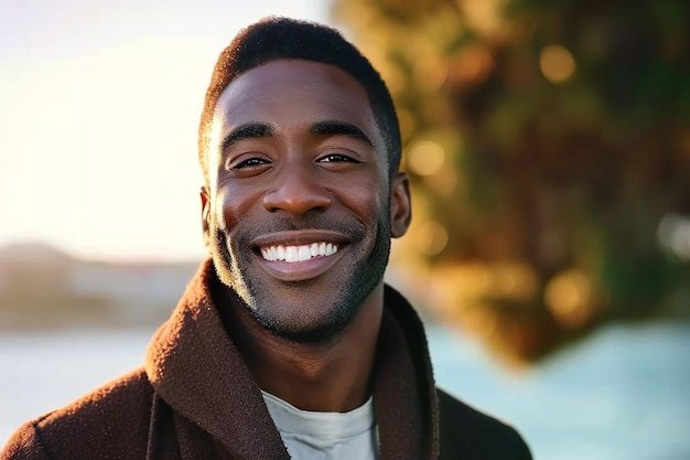 hombre negro sonriente radiando alegría y positividad